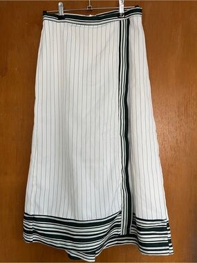 High-Rise Wide-Leg White Pinstripe Wrap Front Trousers with Striped Green Trim